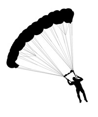 Silhouette of skydiver under open parachute dome. Illustration is suitable for design of parachuting themes, extreme sports, advertising campaigns dedicated to adventure. Skydiving logo