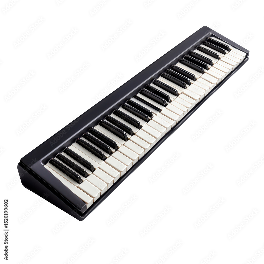 Poster compact keyboard instrument placed on a table ready for a musical performance in a bright room durin