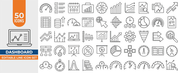 50 Dashboard and Analytics Line Icons set – Editable Stroke Vector illustration with Graphs, Statistics, Speedometer, Productivity Elements and more