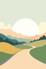 Mountain, River, Road, Background, Bubble, Abstract, Dots, Waves, Bird, Flowers, Leaves, Lines, Light, Moon, Night, Sky, Sun, Nature, Stars, Meditation, Artwork, Vector