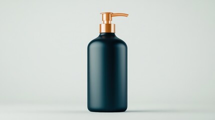 Dark blue dispenser bottle with golden pump standing on white background, with copy space