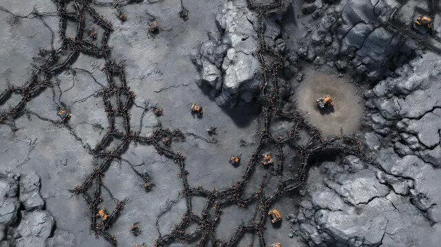 Miniature robotic machines operate on a rugged alien landscape, assembling intricate structures resembling circuit patterns against rocky surroundings