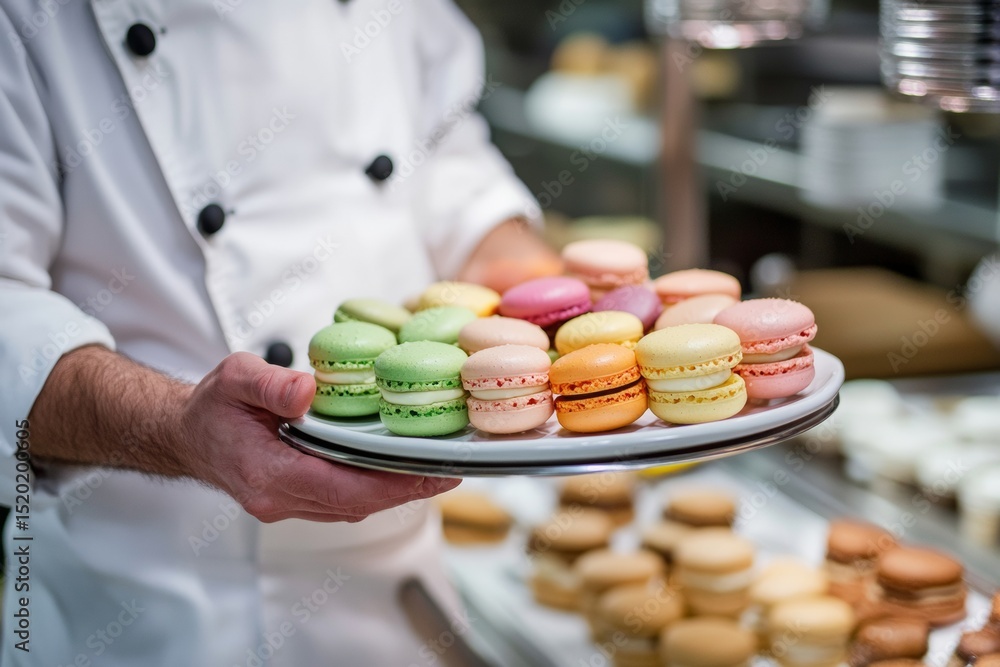 Poster a skilled chef proudly displays an artistic platter filled with colorful macarons in a lively bakery