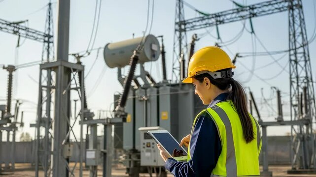 Woman electrical engineer checking power grid with tablet. Energy infrastructure maintenance and smart technology for electricity.