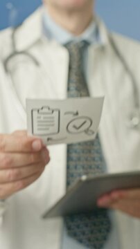 Medical professional reviewing digital health records on transparent touchscreen, verifying patient information using tablet during clinical documentation process in modern hospital setting