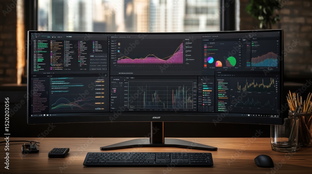 Aufkleber modern desk setup with curved monitor and financial data visualization