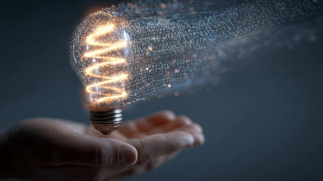 Hands Holding Lightbulb with Digital Data Stream Emerging in Creative Technology Scene
