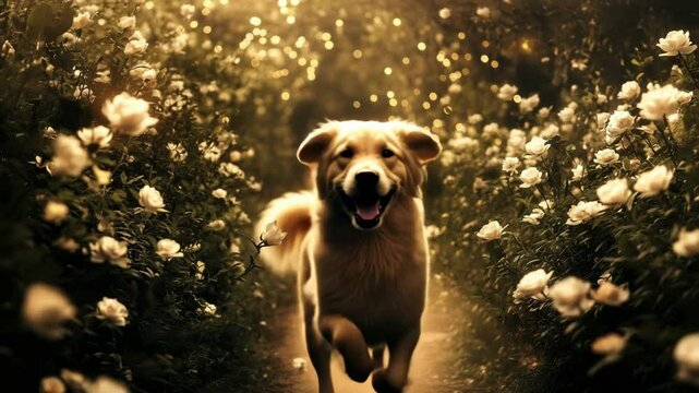 A joyful dog runs through a flower-lined path with glowing lights. Captured from a low angle, the scene resembles a whimsical video still. Live desktop wallpaper.