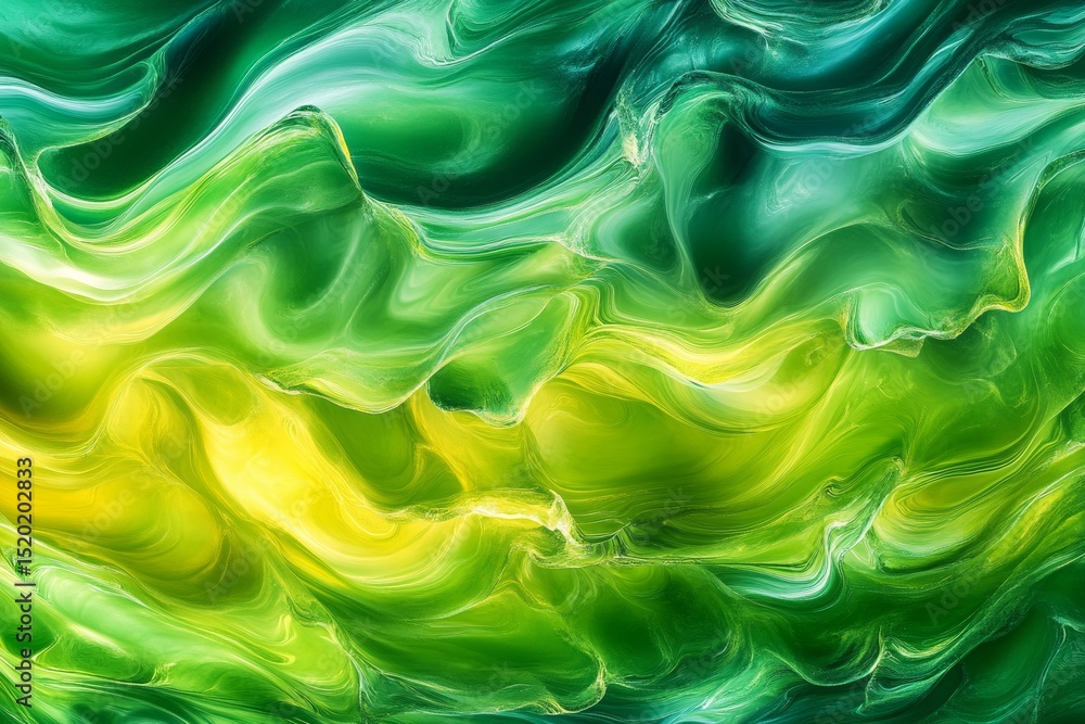 Poster liquid-like waves flow in a beautiful gradient of greens and yellows, creating an abstract pattern t