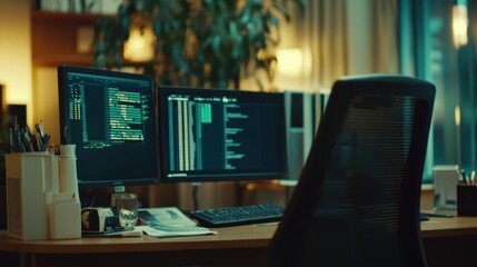 Modern Workspace with Dual Monitors and Coding Environment