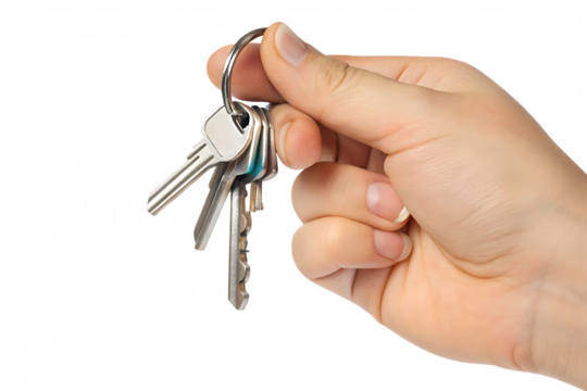 Hand holding keys isolated on a white background png ai generated