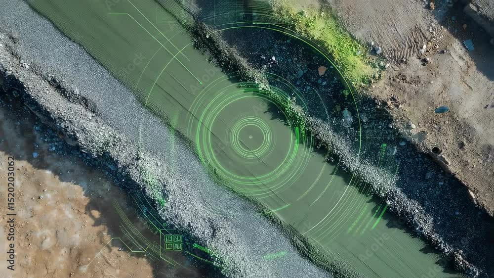 Poster futuristic heads up display interface analyzing polluted water flowing in a canal, providing data vi