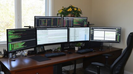 Modern Workspace with Multiple Monitors for Data Analysis and Coding