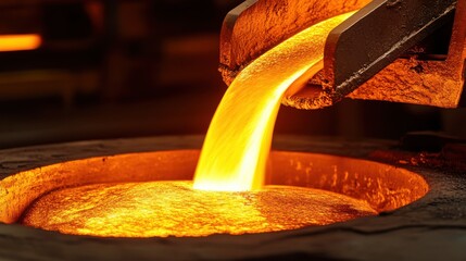 Molten Metal Pouring from Ladle into Furnace at Industrial Foundry