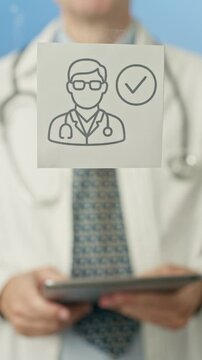Blurred doctor wearing lab coat and stethoscope is holding and showing a sticky note with a verified doctor icon on it, isolated on a white background