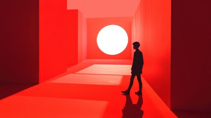 Person Walking in Abstract Space with Red Walls and Bright Sun