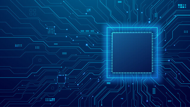 AI semiconductor with neon square frame and circuit board with blue thin line wires and components. Technology background. Artificial Intelligence innovation concept. Digital chip. Vector illustration