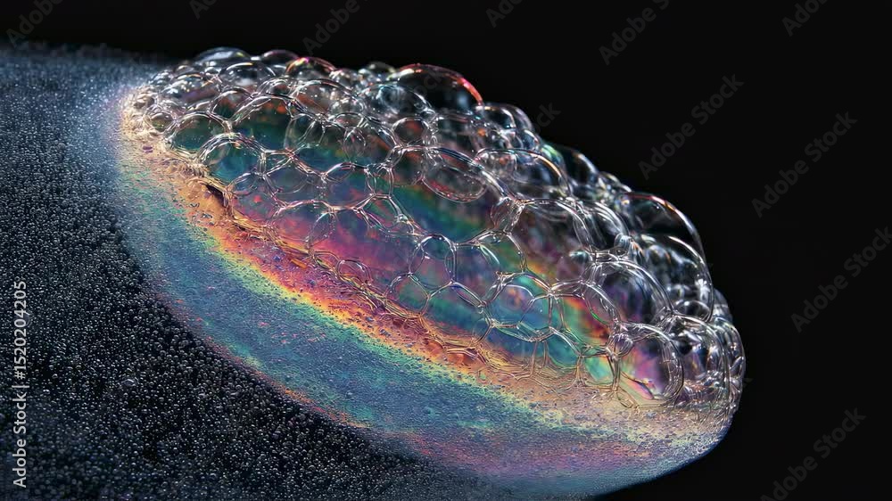 Poster iridescent rainbow colors shimmering across soap bubble cluster, creating spherical planetary landsc