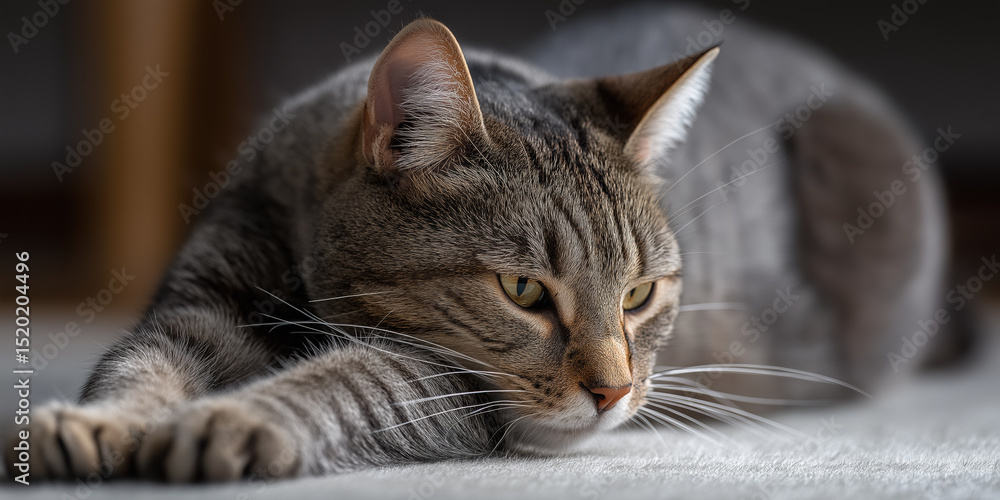 Poster a cat is laying on the floor with its head tilted to the side. the cat appears to be relaxed and com