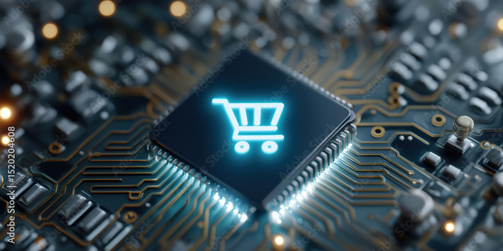 Poster a computer chip with a shopping cart on it. the image has a futuristic and technological feel to it