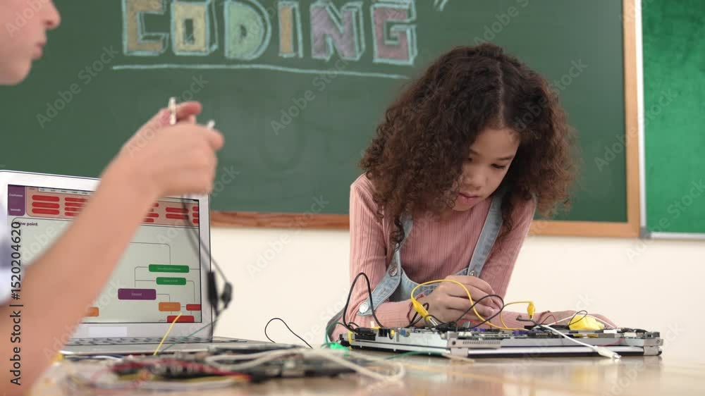 Poster diverse student working electronic board while laptop screen display coding engineering prompt and p