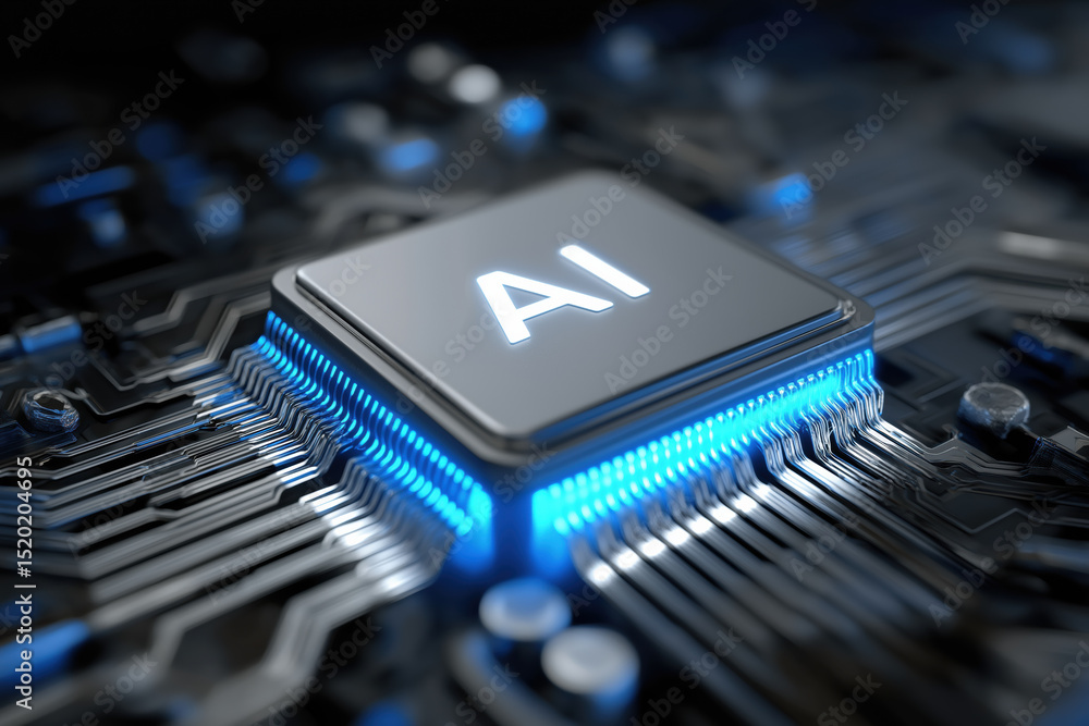 Poster a computer chip with the letters ai on it. the chip is blue and white. concept of technology and inn
