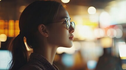 Profile of a young woman with glasses in a softly lit environment