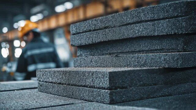 Skilled technician carefully examining stacked graphite blocks during quality control process, verifying precision and integrity of manufacturing materials within industrial facility