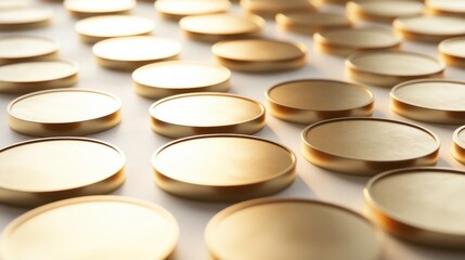 Shiny golden coins arranged in perfect rows on a flat surface