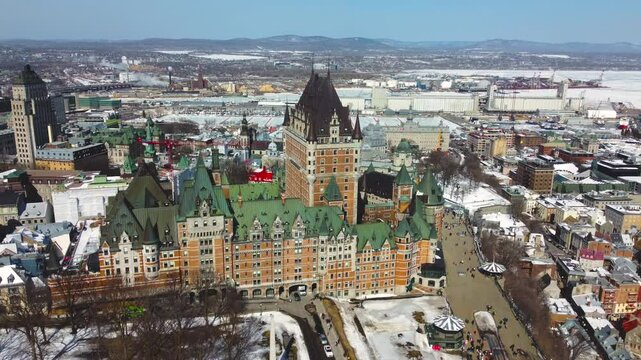 Drone View of Chateau Frontenac and Old Quebec City, Canada