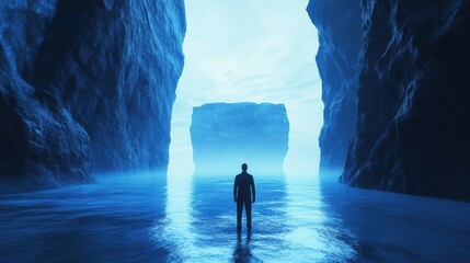 Solitary Figure in Ethereal Canyon Facing Mysterious Monolith