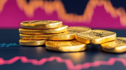 Stacked Gold Bars with Stock Market Trends in Background