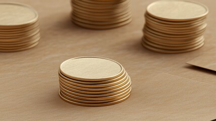 Stacked Round Wooden Discs on a Simple Brown Background