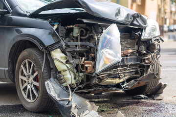 Destroyed crashed car outdoors after car crash traffic accident. Car insurance concept