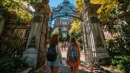 Wide shot from low angle of two female college students entering gate 