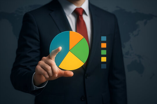 Businessman presenting a pie chart global data analysis - Powered by Adobe
