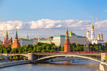 View of Moscow Kremlin, Moscow River and Big Stone bridge during summer sunny day. Landmark in Moscow, Russia
