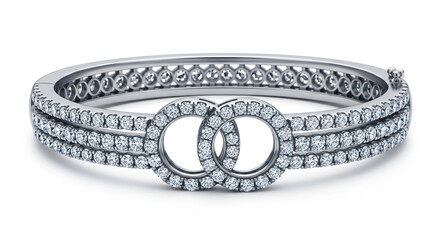 A silver-toned bracelet with two rows of diamonds and interconnected diamond-encrusted circles in the center.
