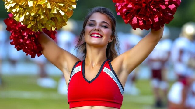 Cheerleader raises pompoms with bright smile, energising team spirit at the sport event.