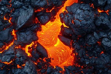 Bright orange lava flows are seen cooling and solidifying into dark rock, showcasing the dynamic contrast between molten magma and hardened earth