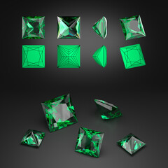 Demonstration of the emerald in the princess-cut from different angles. Scheme of cutting. Scattering of gemstones. Black background. 3d rendering.