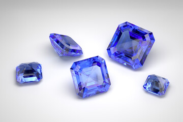 Scattering of blue sapphires of different sizes on the white background. Exhibition of precious stones. Emerald cut. 3d rendering.