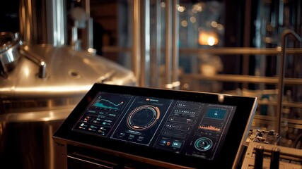 Modern digital interface displaying real time data of beer fermentation, ensuring optimal brewing conditions inside stainless steel tanks within a brewery - Powered by Adobe
