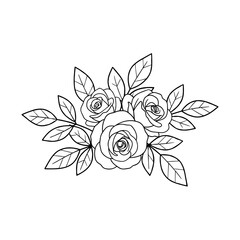 Rose flowers, buds, leaves and branches in line style