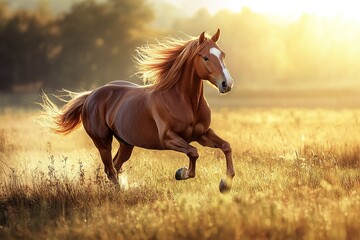 Majestic chestnut horse running through a sunlit meadow during golden hour