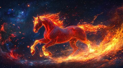 Fiery horse galloping through a cosmic star-filled background