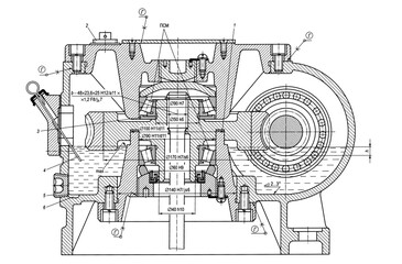 Engineering mechanical drawing of steel devices
- worm gear (reducer, gearbox, engine)
with dimension lines. Industrial 
cad scheme on paper sheet. Technology background
of machine building industry.