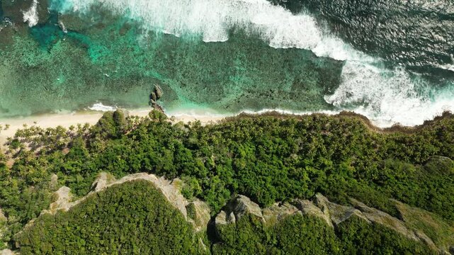Aerial 4K drone shot of Playa Front&oacute;n&rsquo;s towering cliffside meeting vivid turquoise waters, surrounded by dense tropical forest in the Dominican Republic