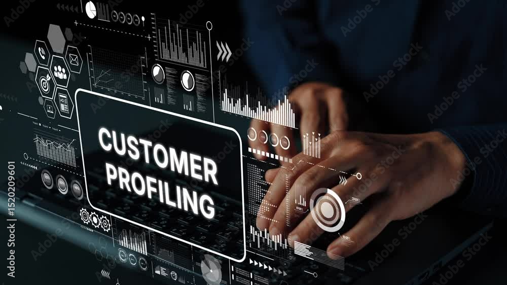 Poster hands typing on laptop with digital interface showing customer profiling concepts and data analysis 