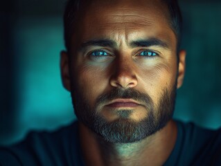 Intense Male Portrait with Blue Eyes and Beard Moody Lighting and Fashion Photography